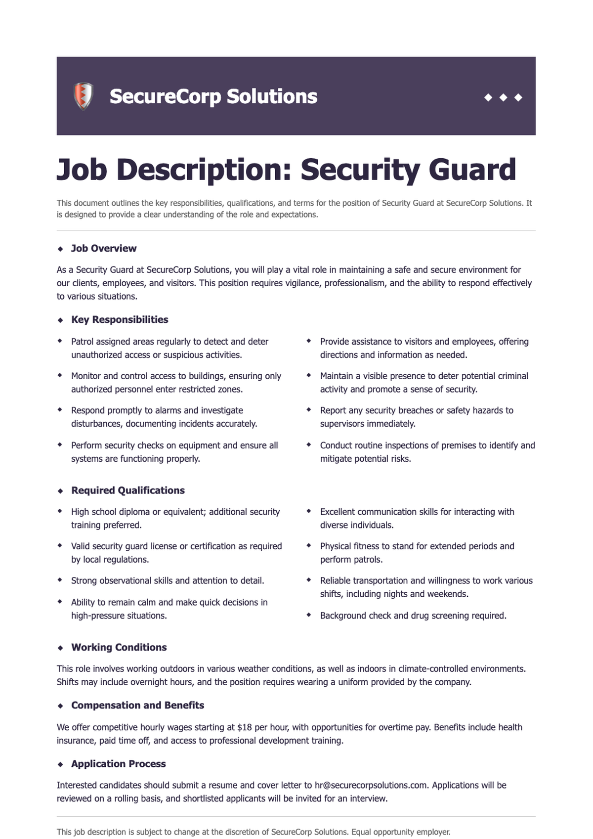 Security guard employment contract template with company branding_variant_2